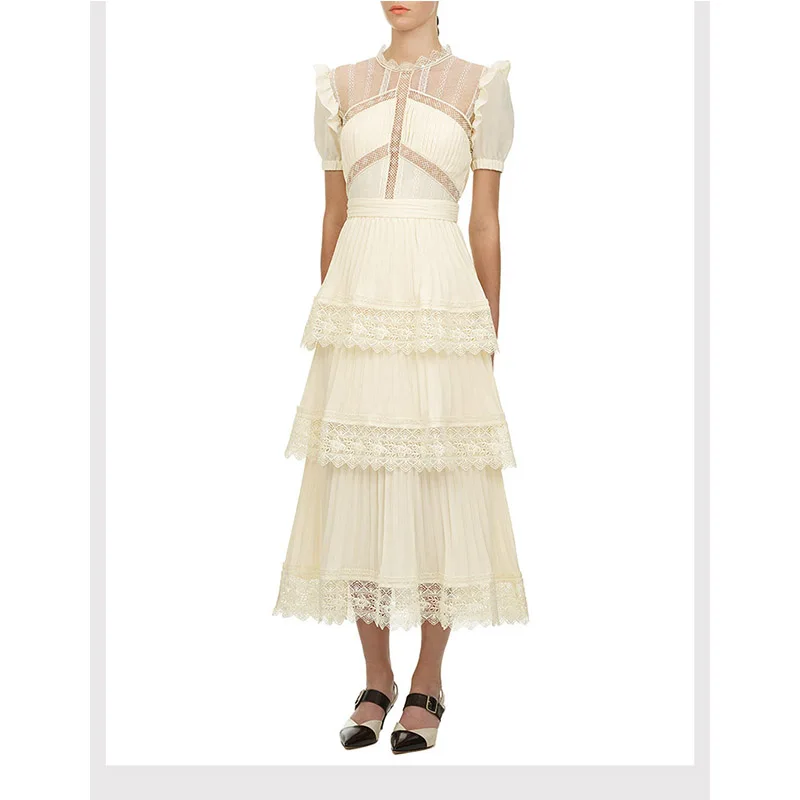 Wholesale Bubble Sleeve High Waist Lace Fashion Elegant Maxi Casual Lady Dress