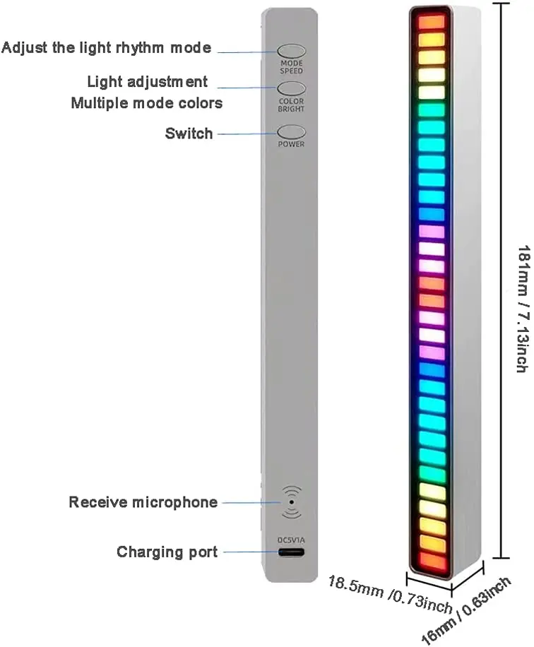 Voice Control Wireless Stereo Music  Lamp Bar for Car Desktop Party, RGB Voice-Activated Pickup Rhythm atmosphere Lights
