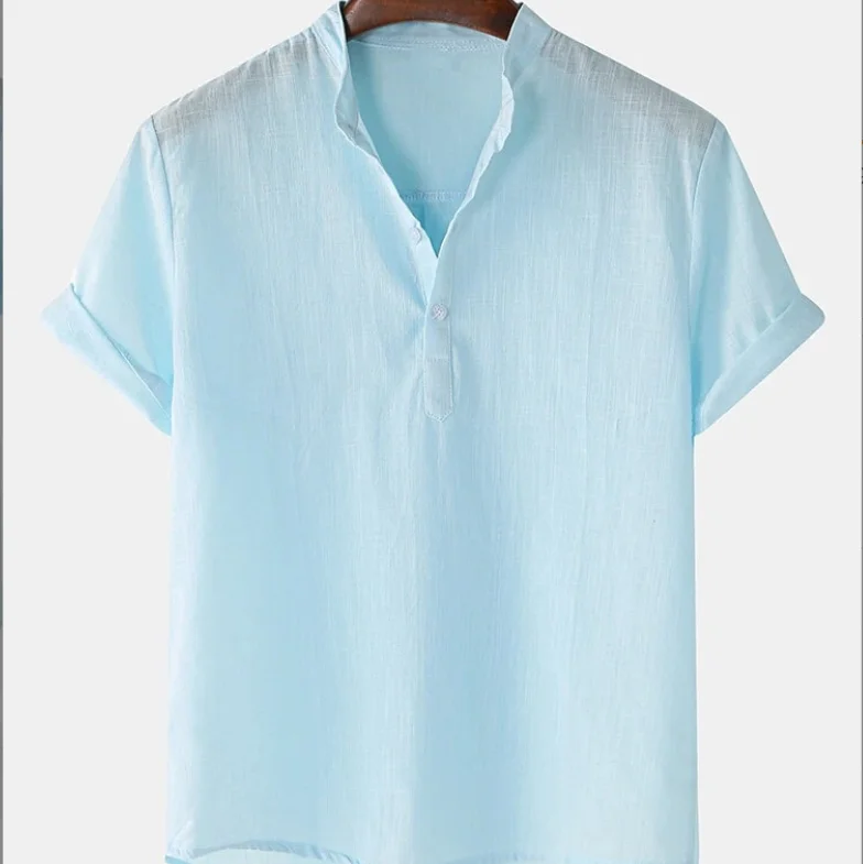 Men Summer Shirt Short Sleeve Cotton Linen Shirt Regular Fit V Neck Button Down Vintage Clothes Top Solid Color T Shirts