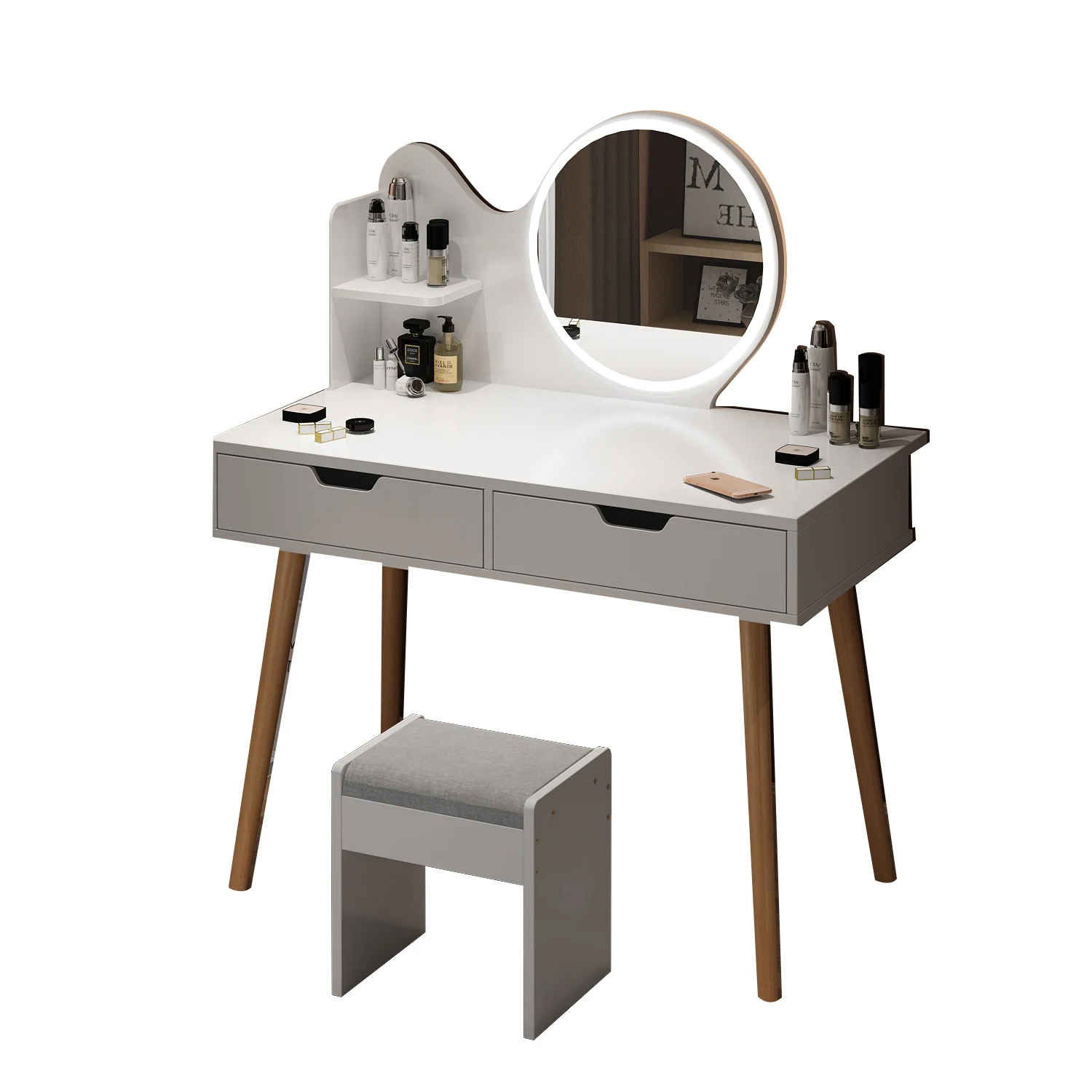 Cheap Classic Furniture Fashion Nordic Plywood Wooden Small Drawer Luxury Model Makeup Corner Dressing Table With Mirror