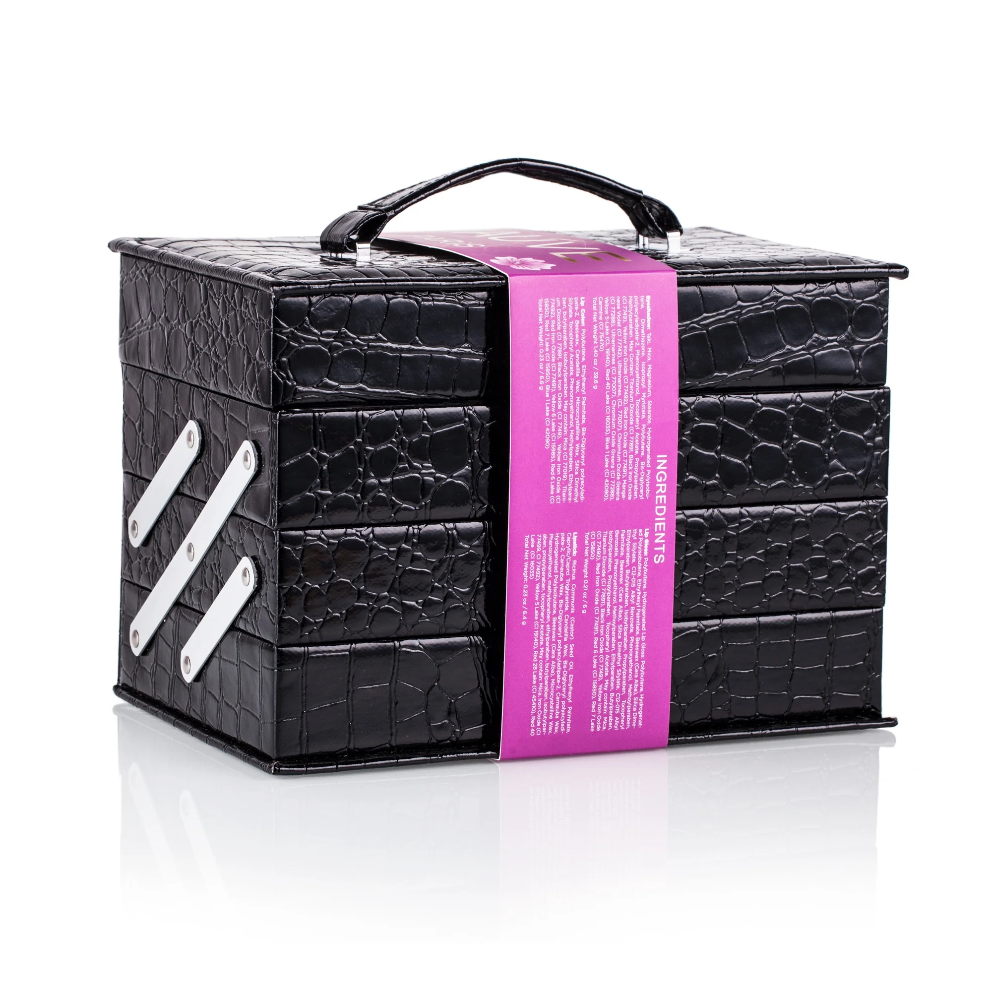 Factory hotselling black faux leather make up set box Makeup brushes eye shadow palettes blush palettes lipsticks lip glosses