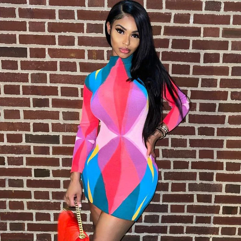 Trendy beautiful dress contrast color pretty printed O-neck long sleeves see through slim fit short dress for women