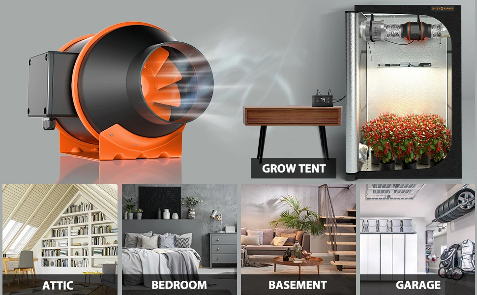 Spider Farmer 4 Inch In line Duct Fan with Temperature Humidity Controller  For Grow Tents