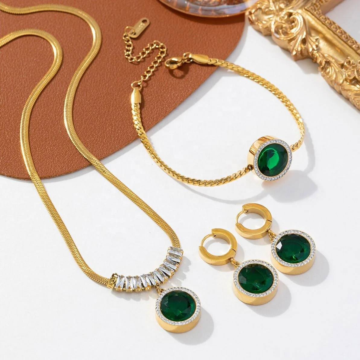 Jewelry Set Stainless Steel 18K PVD Gold Pearl Shell Emerald Zircon Heart Butterfly Pendant Necklace Ring Earrings Bracelet Set