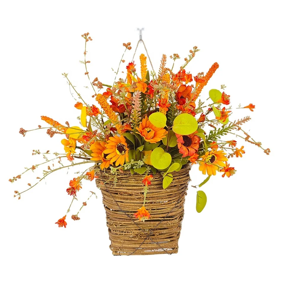 Fall flower basket Thanksgiving wreath Harvest Festival door basket decoration Sunflower maple leaf rice ear autumn decorations