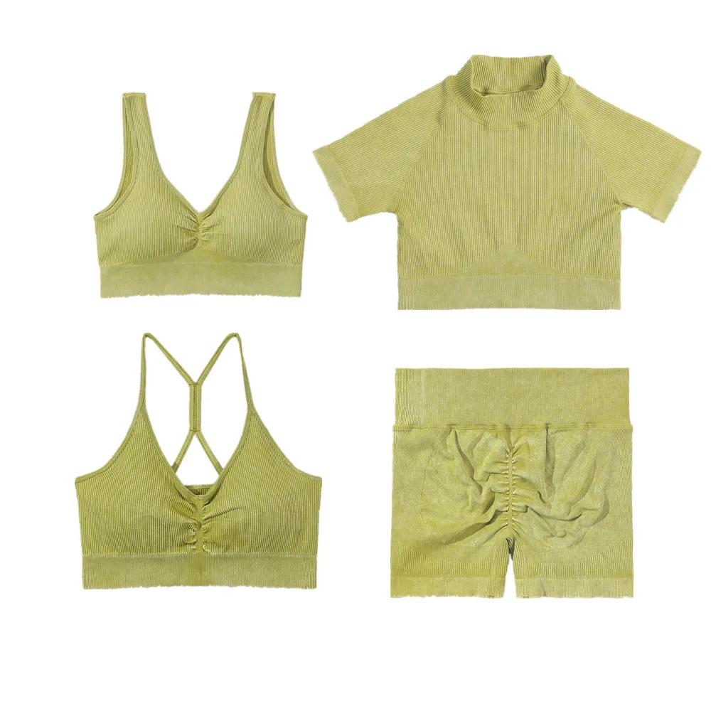 Custom Sand Washed Ribbed Seamless  Women Yoga Set Sport Bra+Long sleeve+Short+Leggings Training Wear Workout Gym Fitness Sets