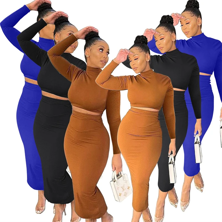 D12612 Temperament solid color high neck long sleeve sexy 2021 fall club wear womens casual 2 piece skirt set