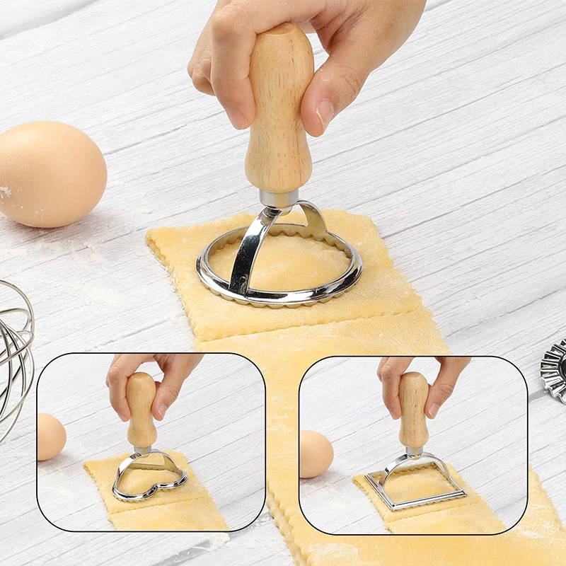 Ravioli Stamp Maker Cutter with Roller Wheel Wooden Handle and Fluted Edge for Pasta Dumplings Lasagna Pierogi baking tool
