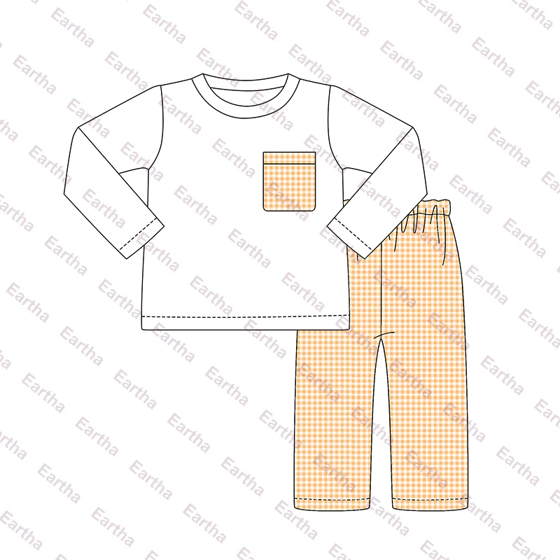children boys clothing sets monogram baby boys t-shirts and gingham pants sets winter kids clothes wholesale