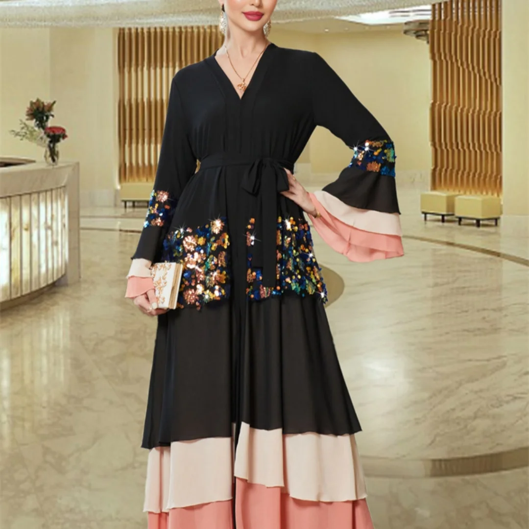 Dubai Layered Cake Dress Magic sequin flared sleeve Layered dress Muslim women abaya