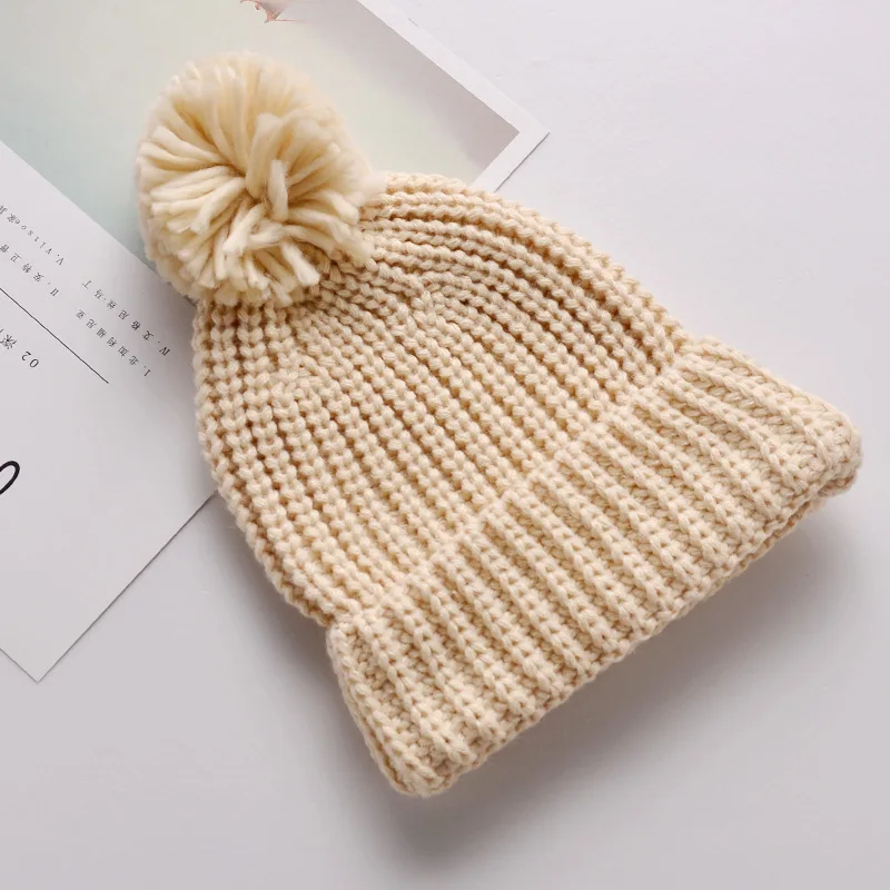 Winter Newborn Baby Knit Hat Toddler Boy Ball Thick Warm Cute Solid Color Hat Super Soft Wool 1-5Years Beanie