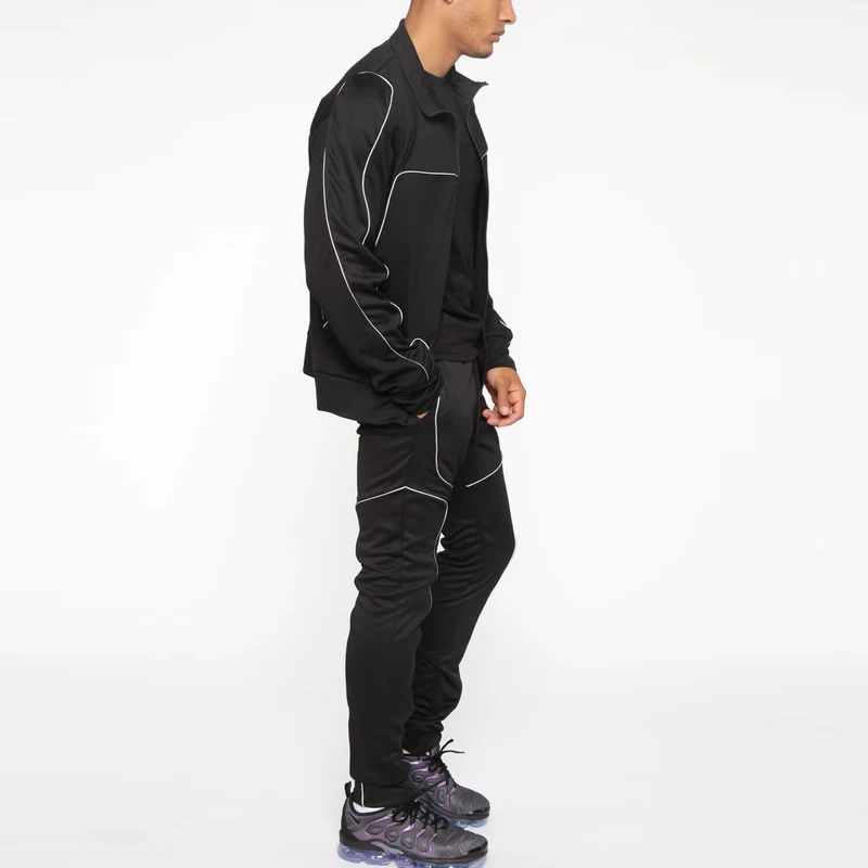 
New fashion design custom logo polyester reflective sweatsuit piping details men sportswear tracksuits 