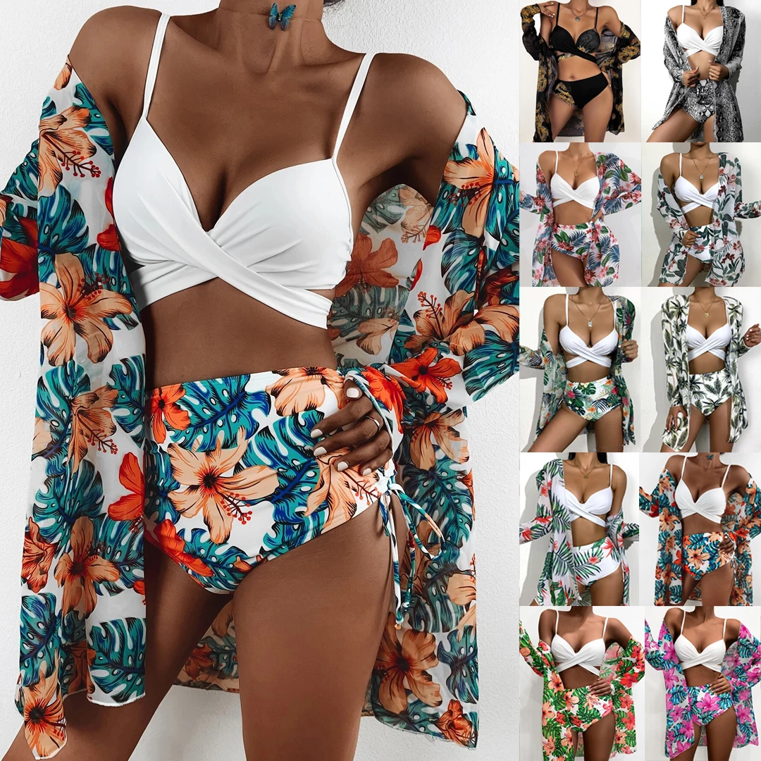 3 Pieces swimsuit cover ups Pack Floral Tropical Printed Unique Twist Push up Multi-colored Beach Bikini Swim suit With Kimono