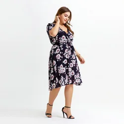OEM ODM Black Color Deep V-Neck Plus Size Oversize Pink Flower Printed Clothing Big Women Casual Dress
