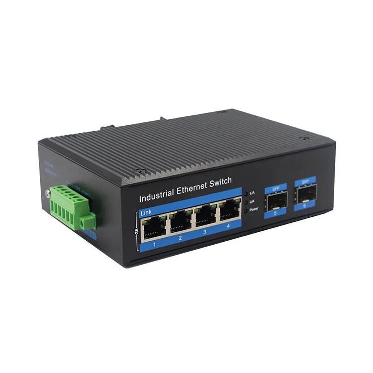 -40 to 85 IP40 6kv Surge Protection 4 Gigabit POE Port + 2 1000M SFP Port Industrial Network Switch
