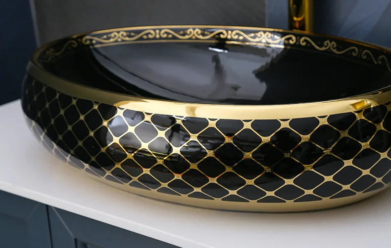 Luxury Royal Vintage Colour Washbasin Countertop Ceramic Toilet Art Basin Bathroom Sink Gold and Black Hand Wash for