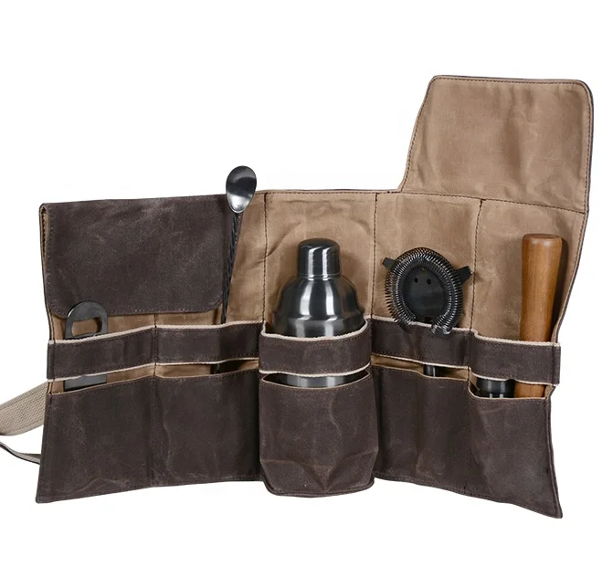 DX Custom Brown Portable Cocktail Set Roll Bag Travel Bartender Kit With Stylish