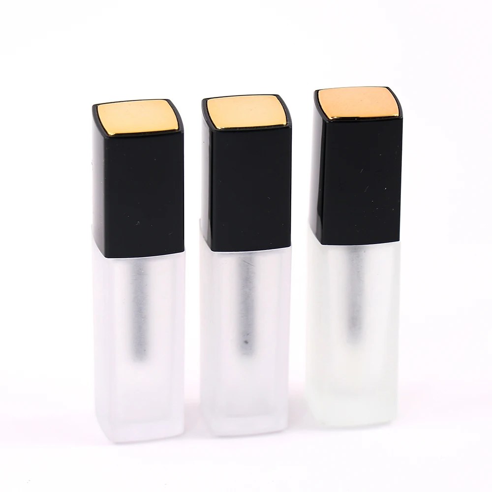Custom empty clear frosted glass black square lip gloss tube container with gold top (60754278583)