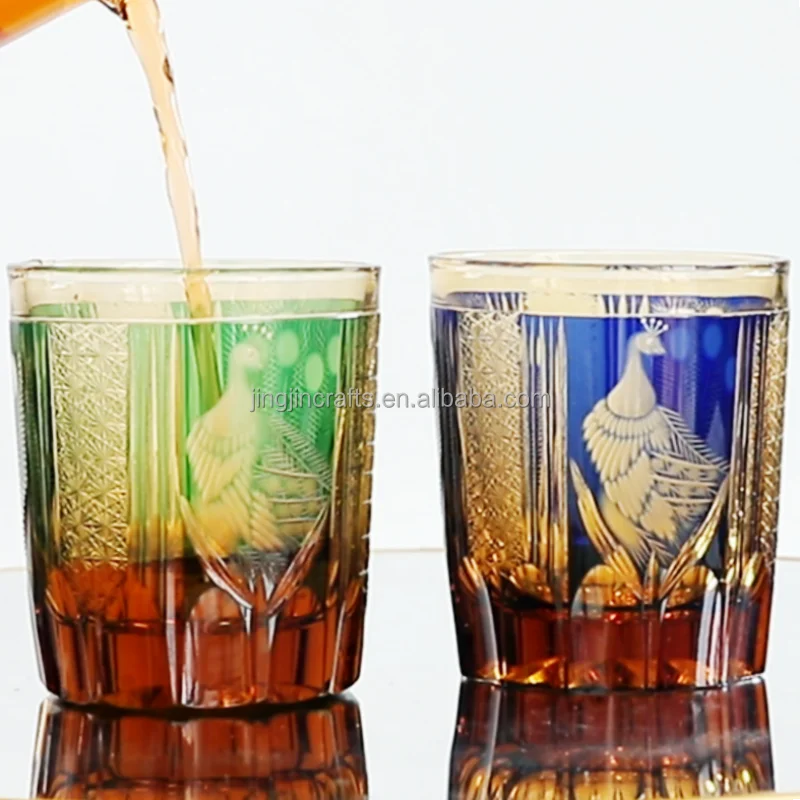 240 ml Pair Of Green Blue Hand Carved  Whiskey Glasses Peacock Edo Kiriko old fashioned glass with gift box for Brandy Bourbon
