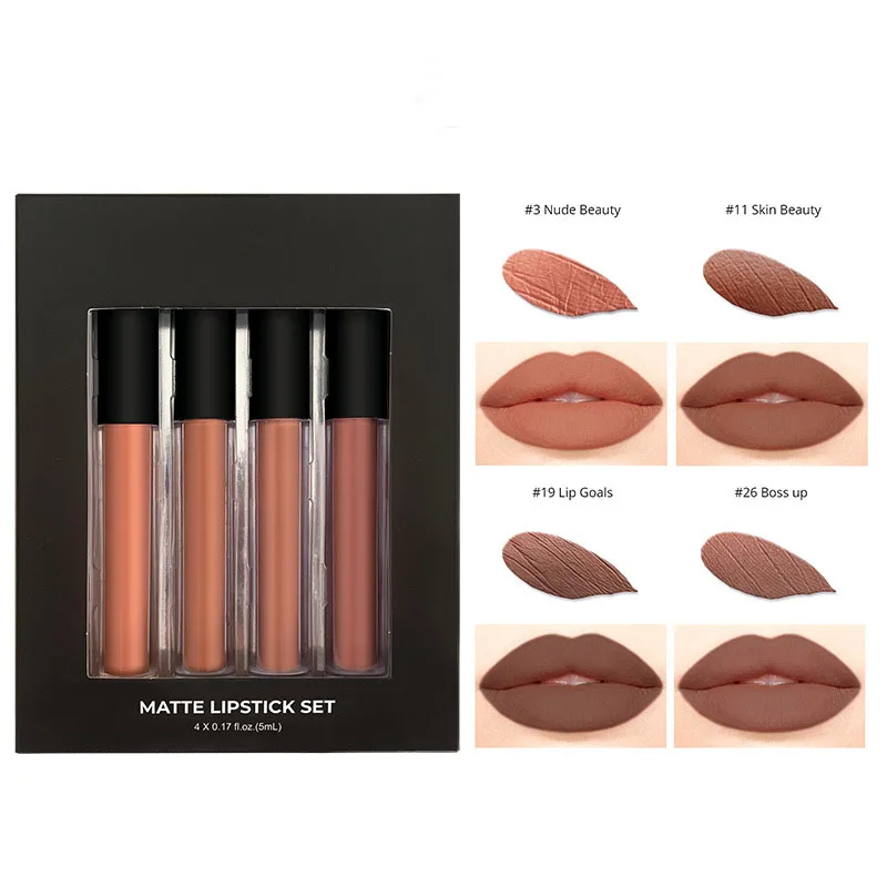Vegan Nude Matte Lipstick Kit Makeup Waterproof 4 Color DIY Liquid Matte Lip Kits Private Label