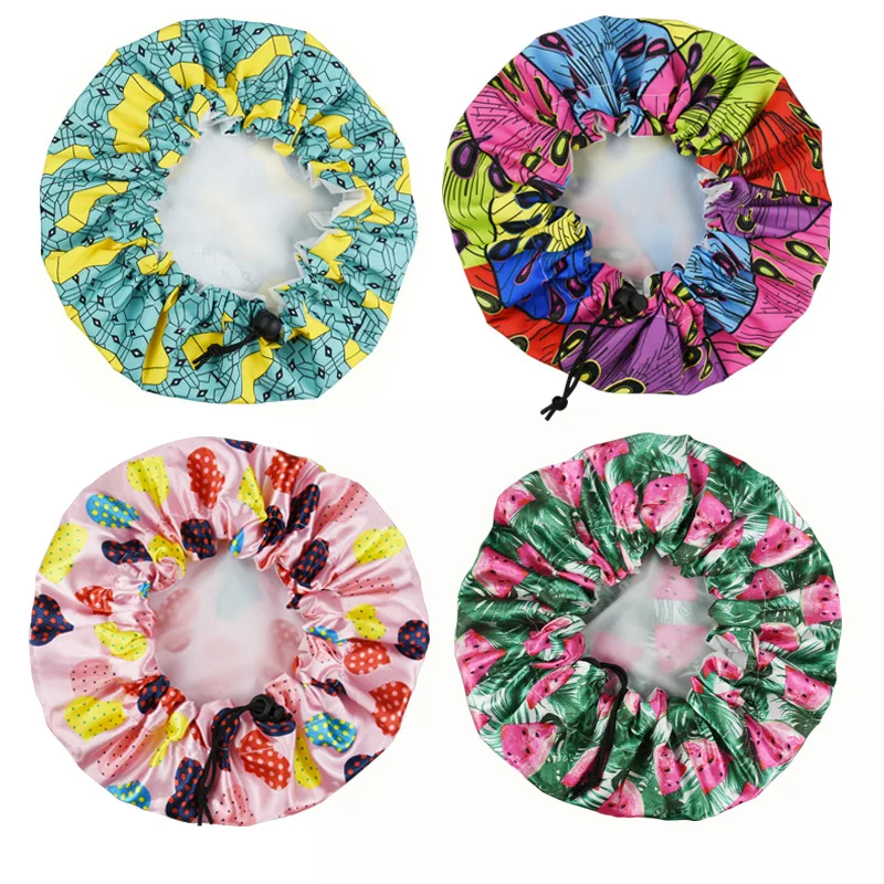 New Double Layers Satin EVA Wholesale Custom Bathing Reusable Bath Cap Long Hair Shower Caps Waterproof Hair Cap