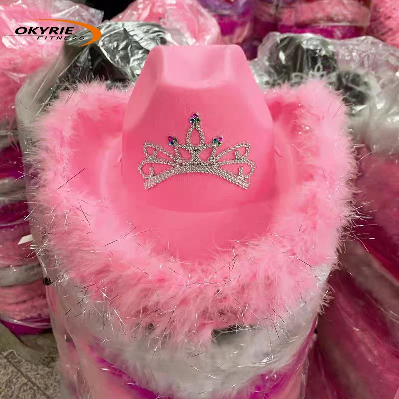 Новинка 2022, ковбойская шляпа OkyRie для карнавала розового цвета, ковбойская шляпа для костюмированной коровки с розовыми перьями и перьями Марабу