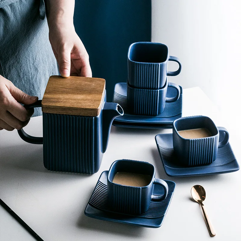 Square Straight Grain Coffee Cup Set Wood Cover Creative Ceramic Tea Set With Saucer Coffee Tea Pot and Cups