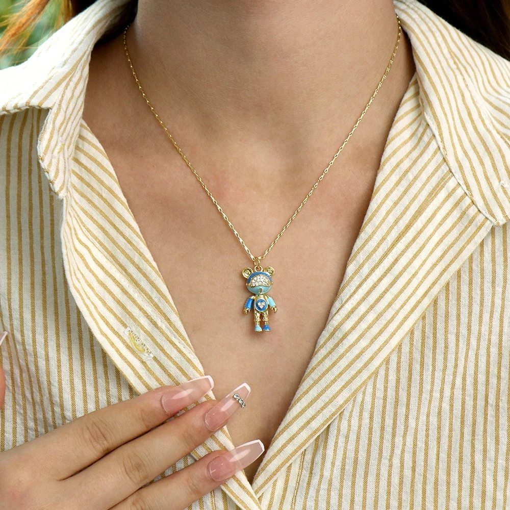 Dainty Girls 18K Gold Plated Brass Body Jewelry Zircon Cute Bear Dangle Link Chain Necklace