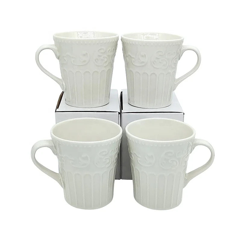 Factory price embossed top grade porcelain  tea cup white coffee mugs ceramic for gift custom logo pattern