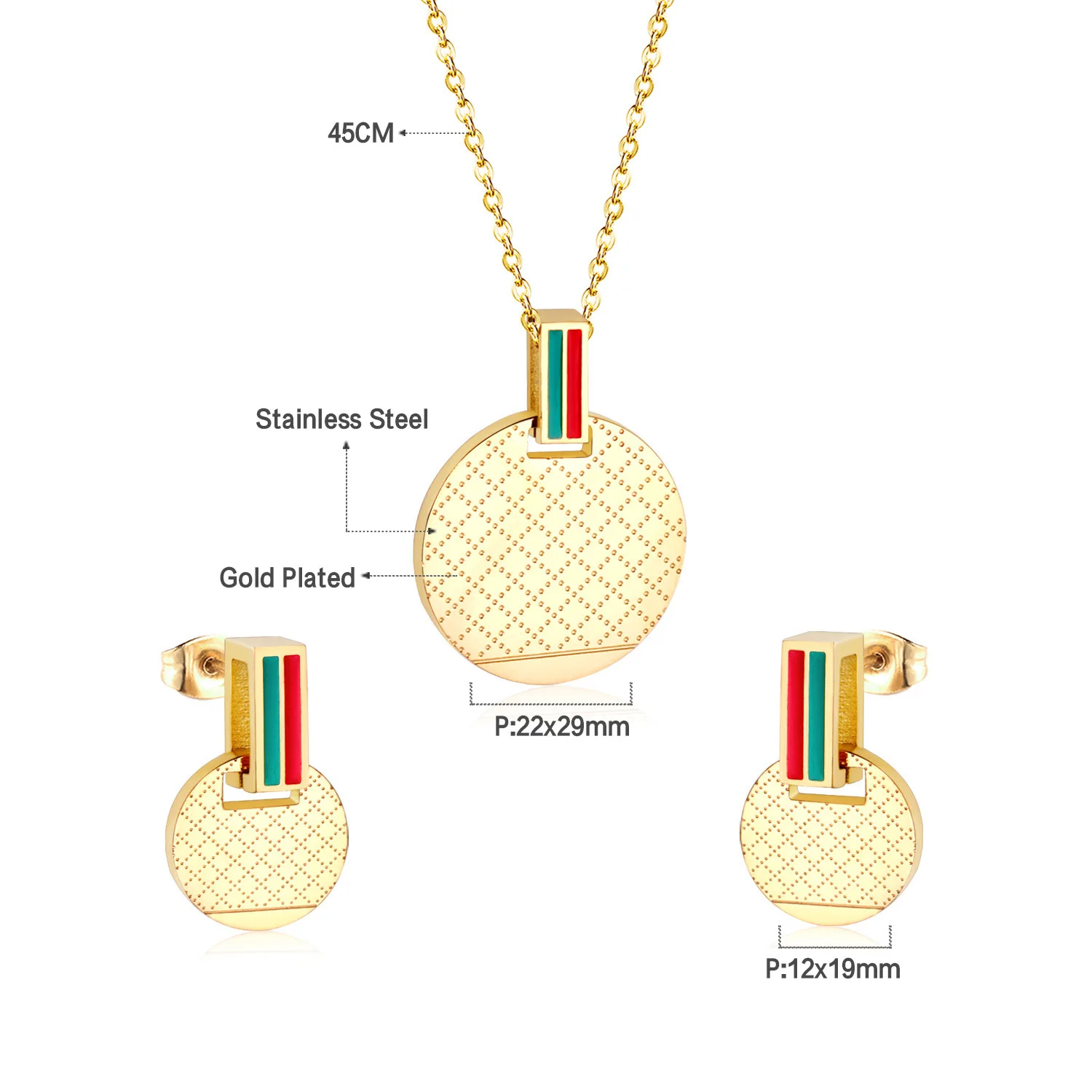 Hot Sale Luxury Stainless Steel Jewelry Gold Plated Round Pendant Necklace Earrings Jewelry Set for Women