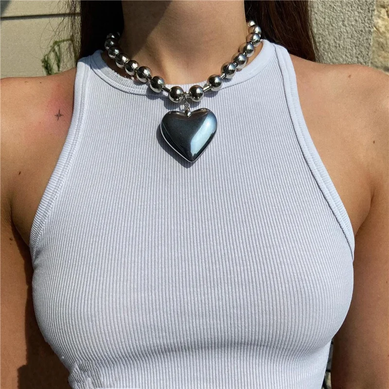 Ladies Punk Style Fine Jewelry Minimalist Beaded Chain Multicolor Glass Big Heart Pendant Silver Rosary Beads Necklace