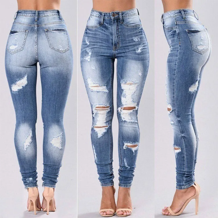 Ripped Hole Stretch Sexy Women Tight Jeans Pants Women Pencil Pants Skinny Jeans High Waist Denim Pencil Long Pants Trousers