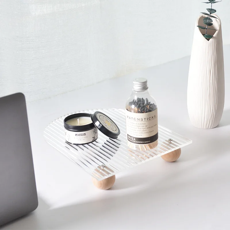 New Clear Acrylic Tray With Wood Wall Base Home Decor Acrylic Serving Tray Makeup Perfume Display Wholesale