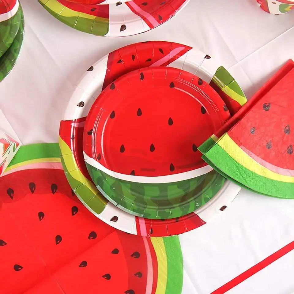 PAFU 16 pcs Watermelon Birthday Party Decorations Favors Disposable Dessert Dinnerware Plates Cups Bags Banner Set Supplies