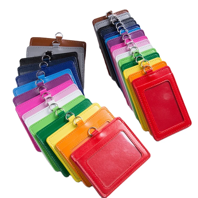 Promotional wholesale vertical removable with 2 credit card slots pu leather Id badge card holder
