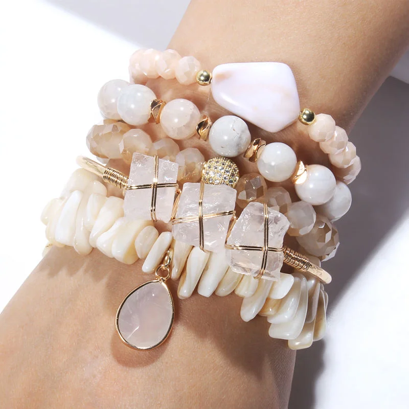 Custom Boho Women Jewelry 5pcs Gemstone Crystal Glass Acrylic bracelet Irregular Stone Bangle Drop Stone Stack Bracelet Set