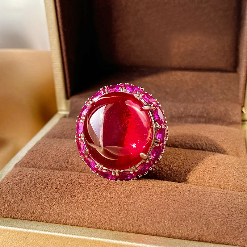 Luxury Oval Ruby Emerald Large Gemstone Rings Brass White Gold Plated Simulated Jade Ring for Women Party Jewelry Gift