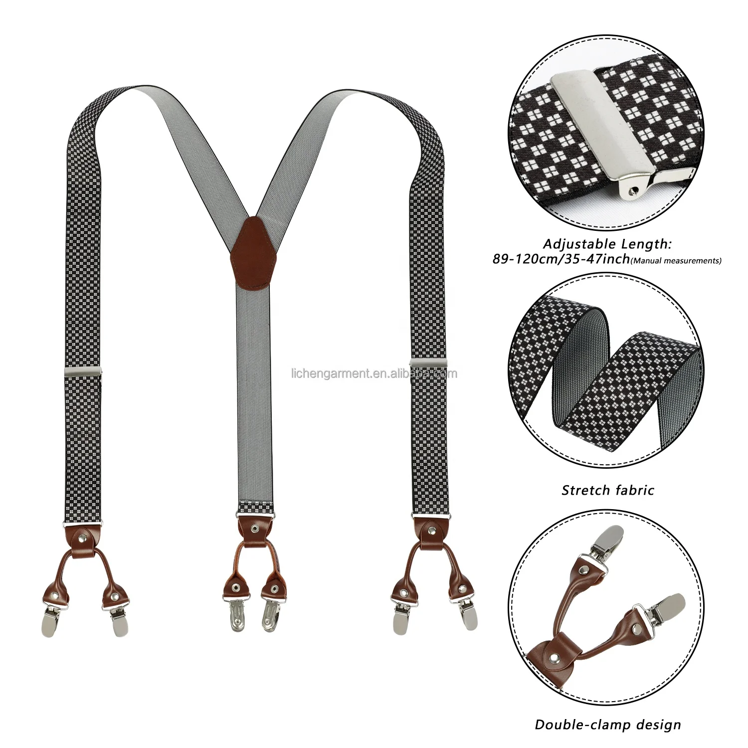 Direct Wholesale Solid Color 3.5cm Y Shape Mens Stylish Leather Suspenders With 6 Strong Clips