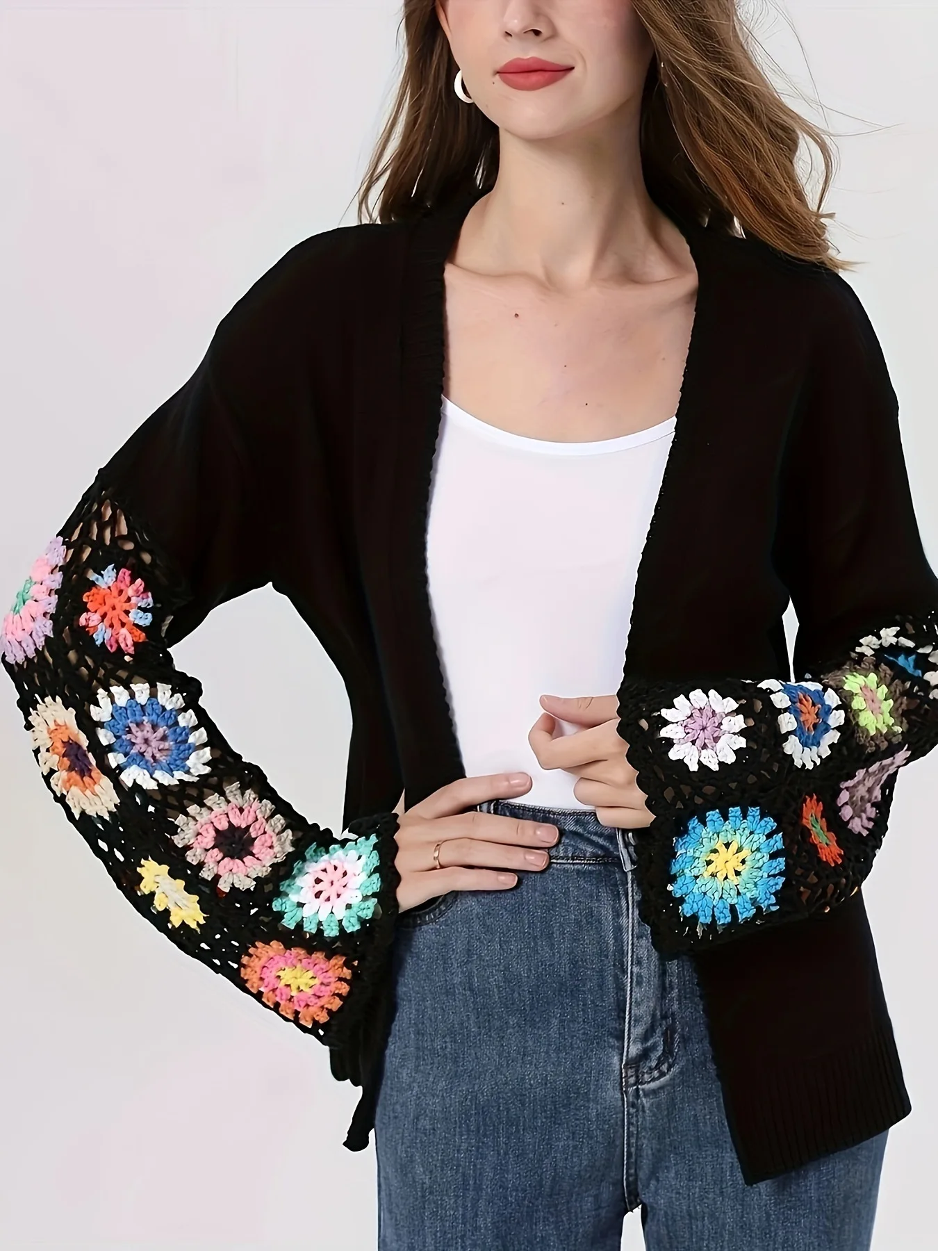 Flared Sleeve Hook Flower Cardigan Sweater For Ladies Casual Style Knit Jacquard Pattern Knitwear