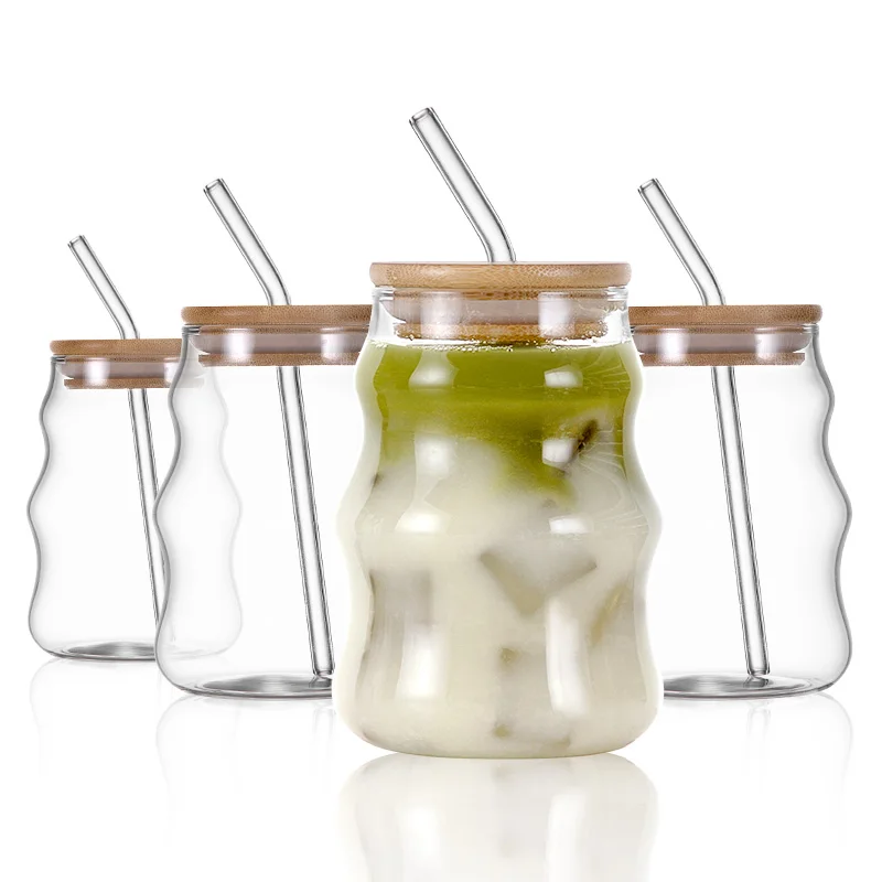 Ribbed Glasses Clear Boba Tumbler Insulated Double Mug Sublimation Cappuccino Coffee Glass Cups With Bamboo Lid and Straw