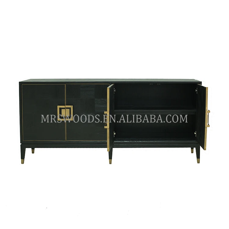 MRS WOODS Vintage Parquet Solid Oak Wood Black Sideboard Modern Credenza Buffet Table