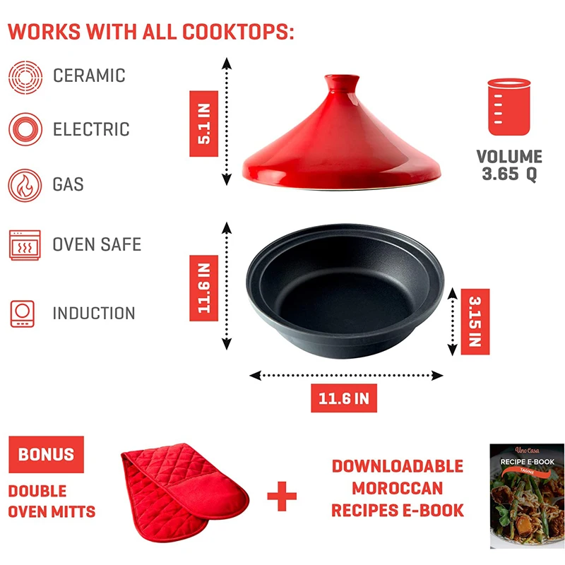 Красная чугунная Марокканская тагина, 4 кварты, эмалированная подставка и конусная керамическая крышка для выпечки, жарки, духовки, кухонные принадлежности