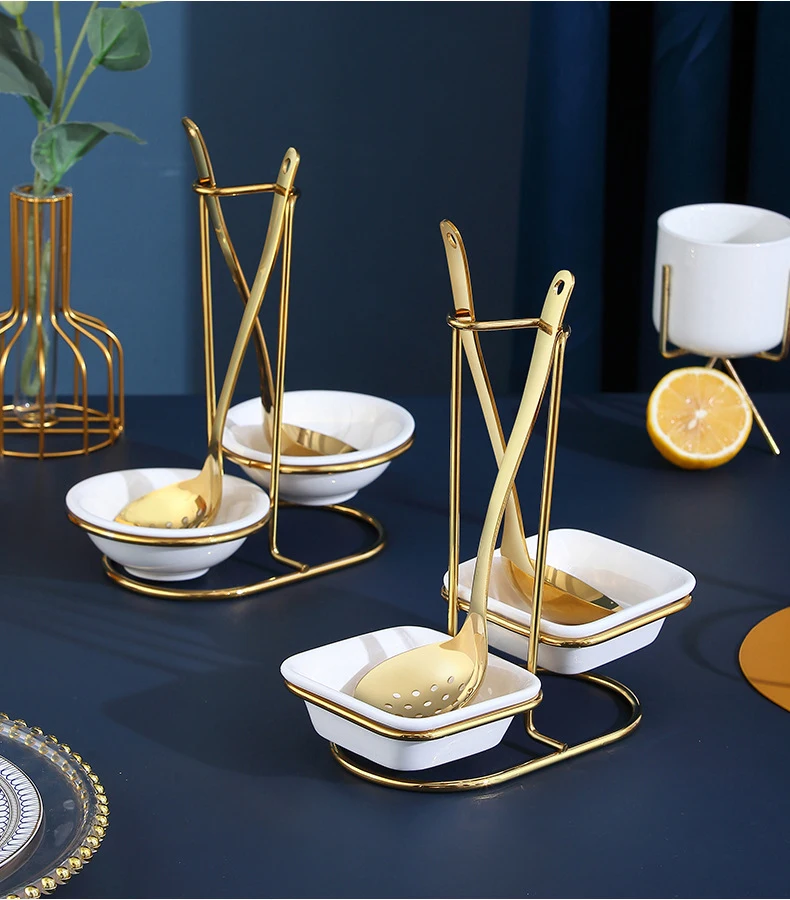 Porte-cuillere Золотой стол из нержавеющей стали ложка стеллаж для выставки товаров металлический держатель Многофункциональные кухонные ковш керамическое блюдо ложки комплект