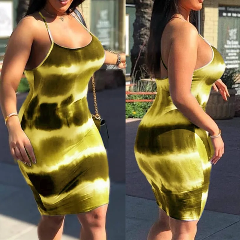 Spot Summer Plus Size Women Clothing Ladies Evening Club Party Slim Midi Dress Tie-Dye Round Neck Suspender Casual Dresses