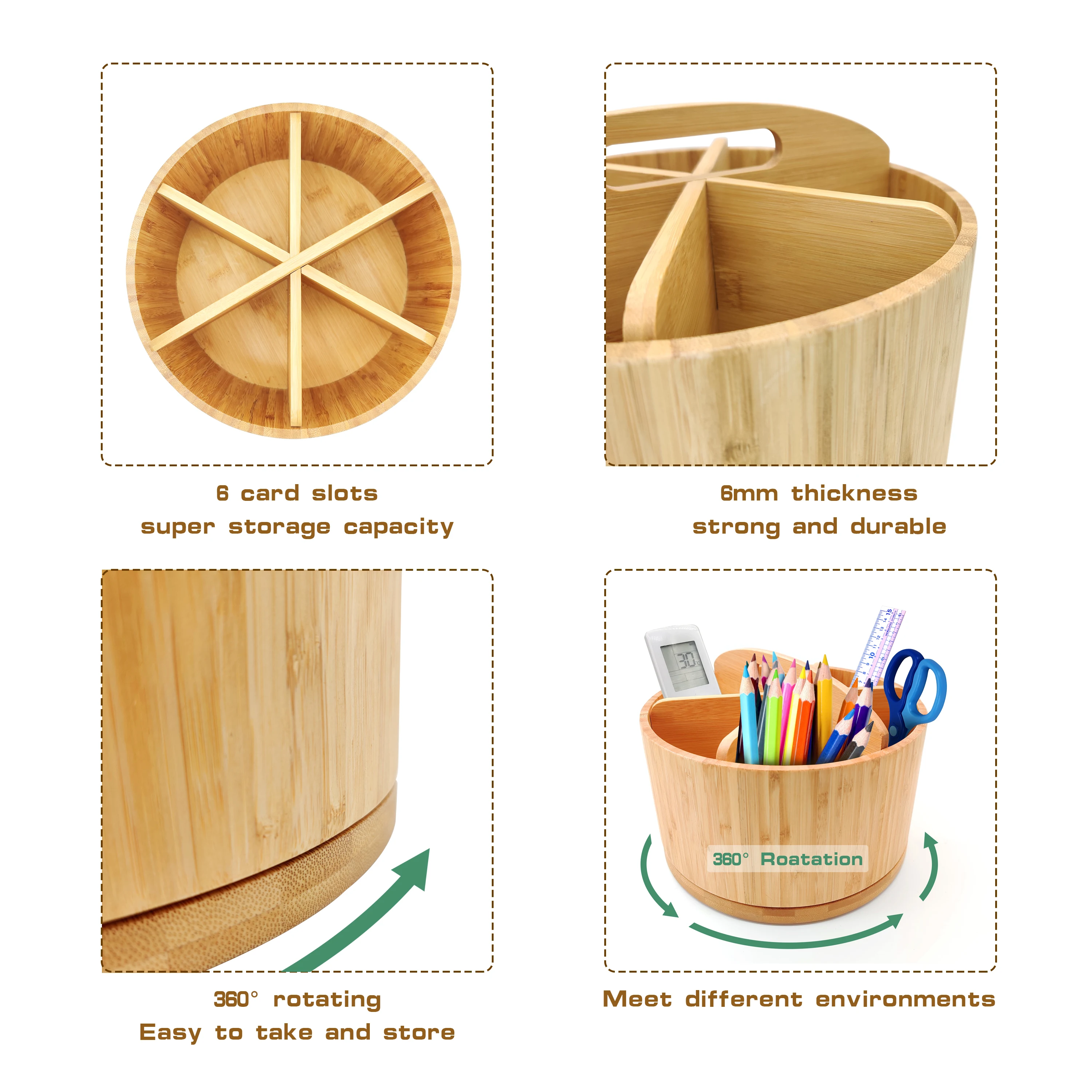 Bamboo Desk Organizer Cosmetics storage Rotating Pencil Pen Holder with 6 Compartments