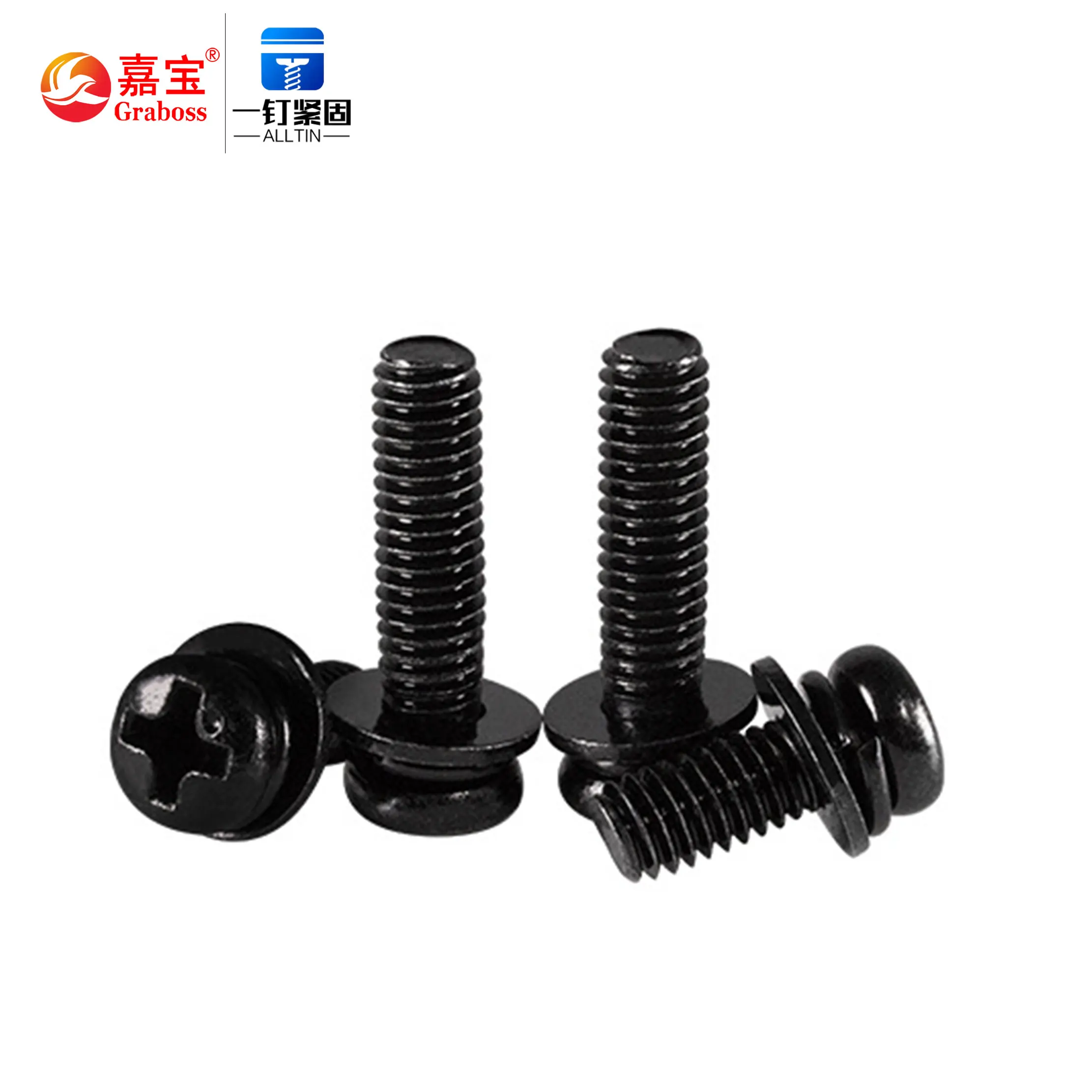 Black zinc Plated Carbon Steel Cross Pan Head  Machine Screw M3M4M5M6 Spring Washer Flat Washer Assembly Bolt