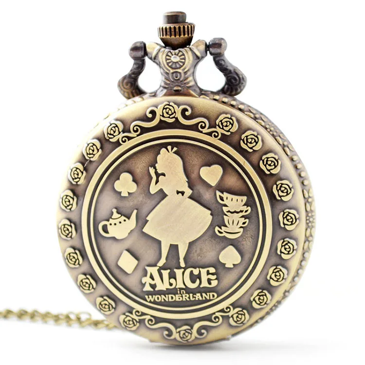 BOSHIYA Alice in wonderland bronze cute engraved girls necklace quartz pocket watch with Arabic dials display