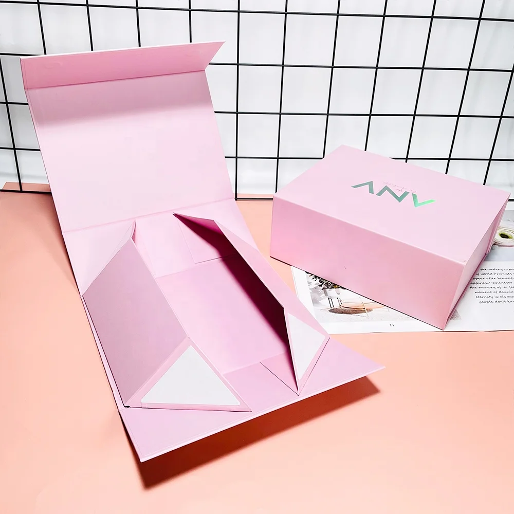 custom wholesale pink luxury foldable rigid magnet closure jewelry gift packaging boxes with magnetic lid