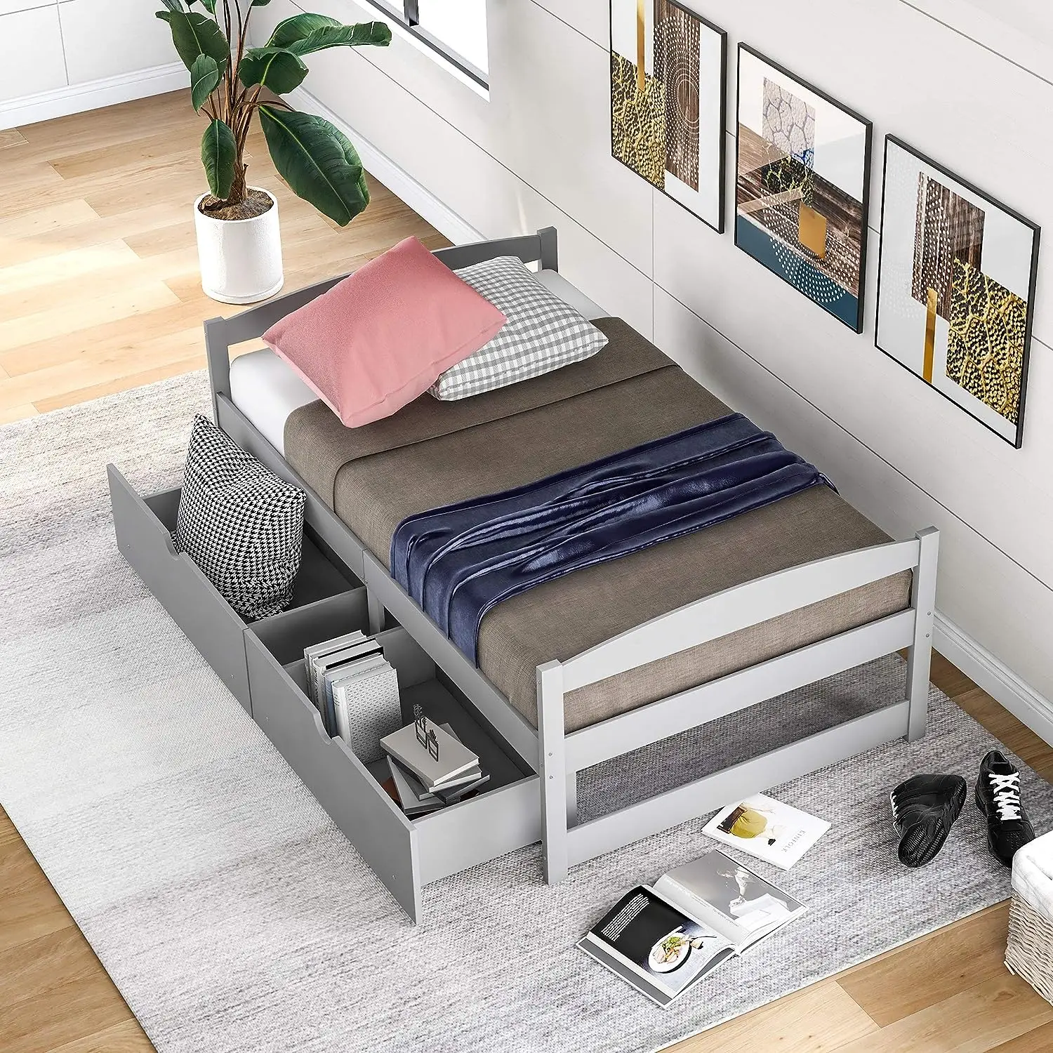 Twin Size Daybed with 2 Drawers Wood Storage Platform Bed for Kids Teens and Adults Gray