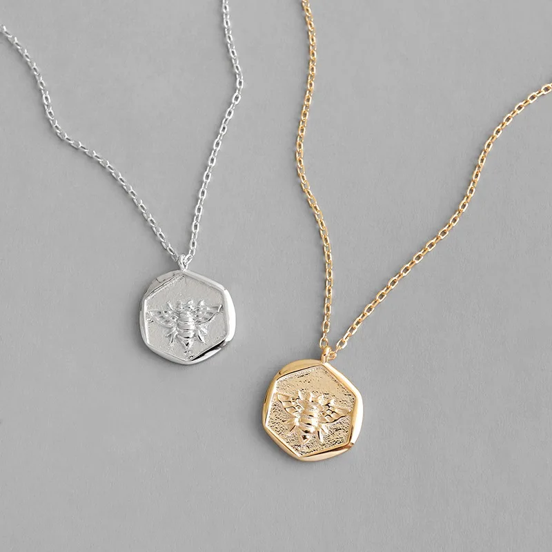 VIANRLA 925 sterling silver dainty honeybee Pentagon coin pendant necklace